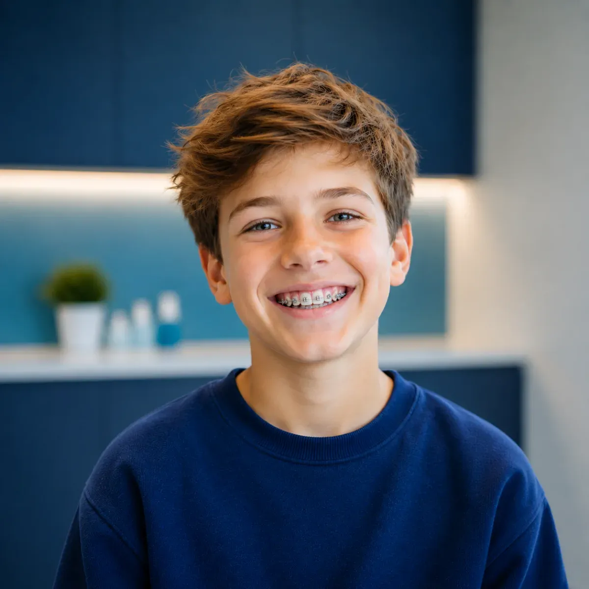 Adolescent souriant avec un appareil orthodontique posé sur les dents du haut